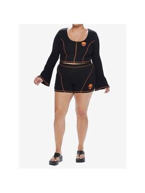 Social Collision Black & Orange Stitch Skull Bell Sleeve Girls Top and Bike Shor